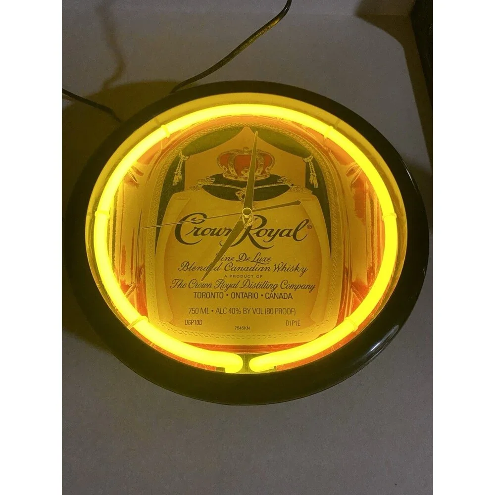 Crown Royal Whisky Bottle Sign Orange Neon Clock Man Cave Bar Garage